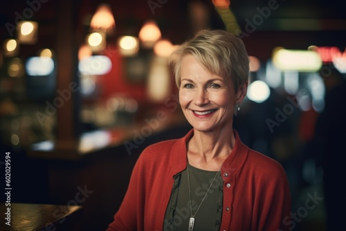 Portrait of smiling senior woman sitting at table in pub at night © Robert MEYNER