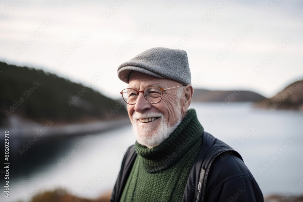 Portrait of a senior man with glasses and a hat standing by the lake Portrait of a senior man with glasses and a hat standing by the lake