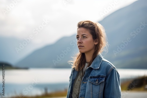 Portrait of a young woman with long brown hair in a denim jacket on the background of the fjord. © Robert MEYNER
