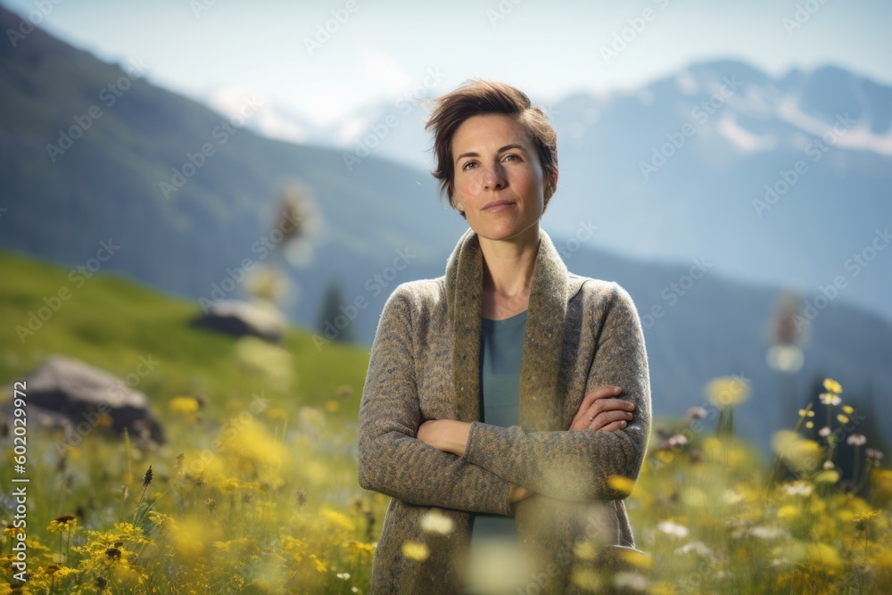 Environmental portrait photography of a satisfied woman in her 30s wearing a chic cardigan against an alpine meadow or mountain wildflowers background. Generative AI - obrazy, fototapety, plakaty 