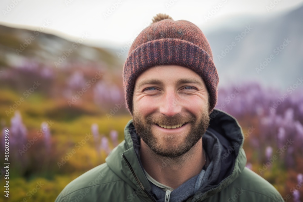Portrait of smiling man standing in the meadow with heather flowers Portrait of smiling man standing in the meadow with heather flowers
