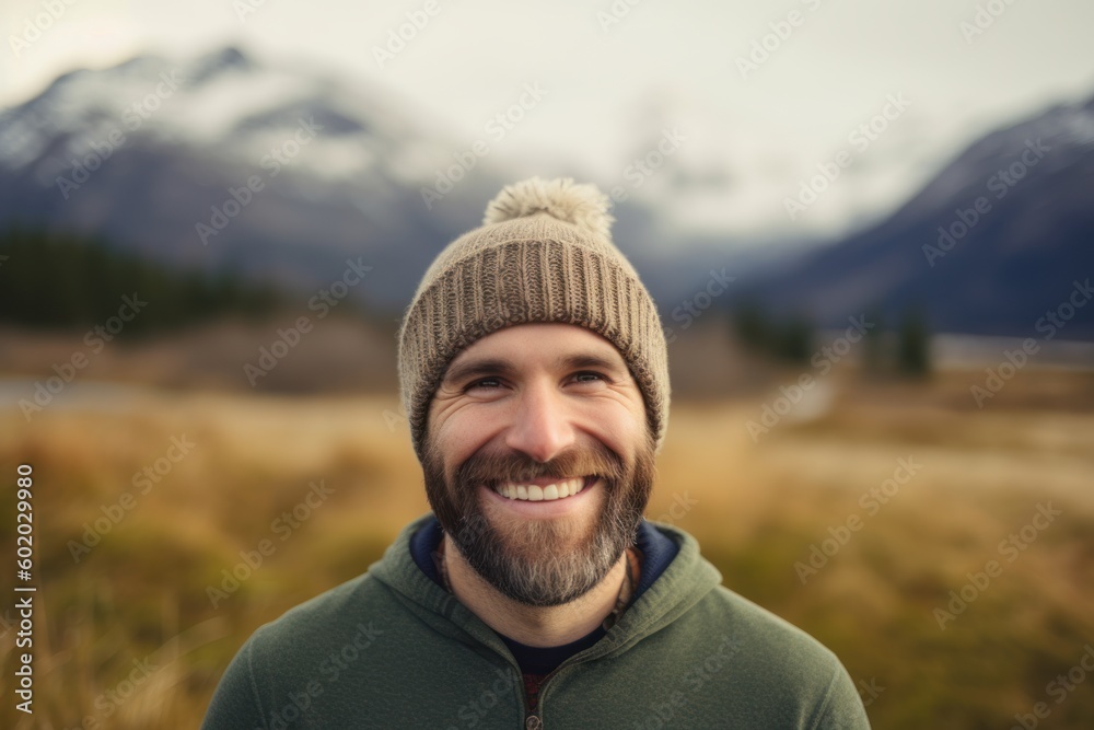 Portrait of a smiling bearded man in a hat and green sweater standing in an autumn field Portrait of a smiling bearded man in a hat and green sweater standing in an autumn field