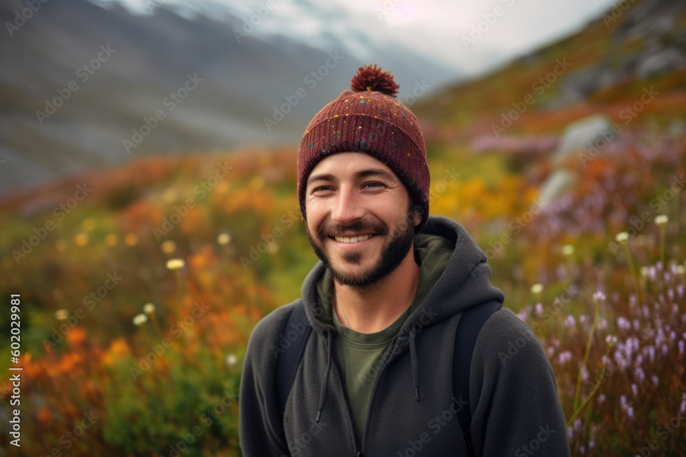 Portrait of a handsome young man in a knitted hat and sweatshirt on the background of the mountains.