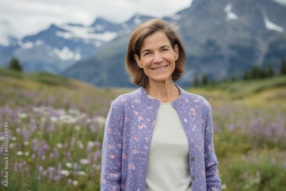 Portrait of a smiling senior woman standing in a field of flowers Portrait of a smiling senior woman standing in a field of flowers