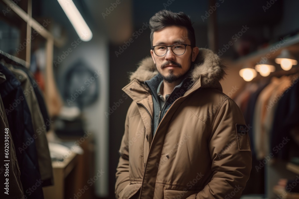 Portrait of a handsome young man in a coat and glasses in the store Portrait of a handsome young man in a coat and glasses in the store