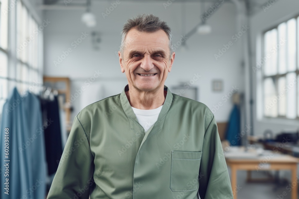 portrait of smiling mature man in overalls standing in sewing workshop portrait of smiling mature man in overalls standing in sewing workshop