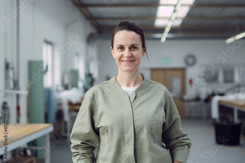 portrait of smiling female technician standing with hands in pockets in factory