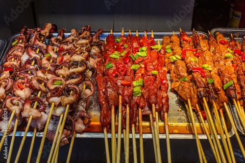 Street food skewers in the old town of Lijiang, Yunnan province, China