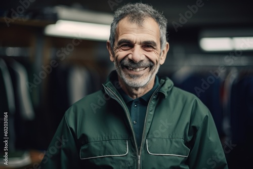 Portrait of a senior man in workwear smiling at the camera
