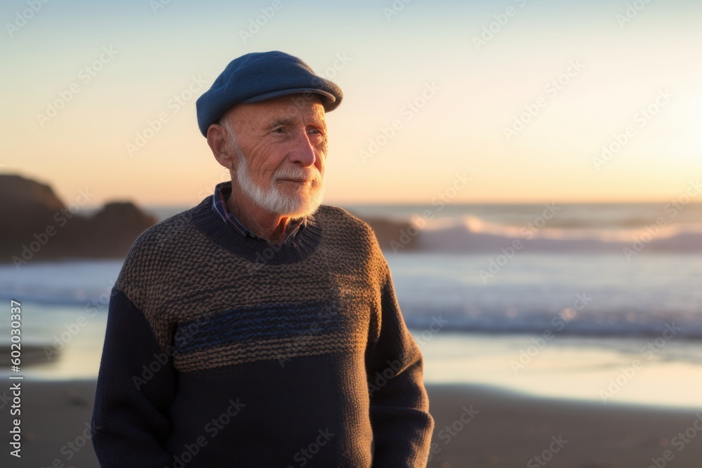 Environmental portrait photography of a satisfied man in his 70s wearing a cozy sweater against a beach sunset background. Generative AI