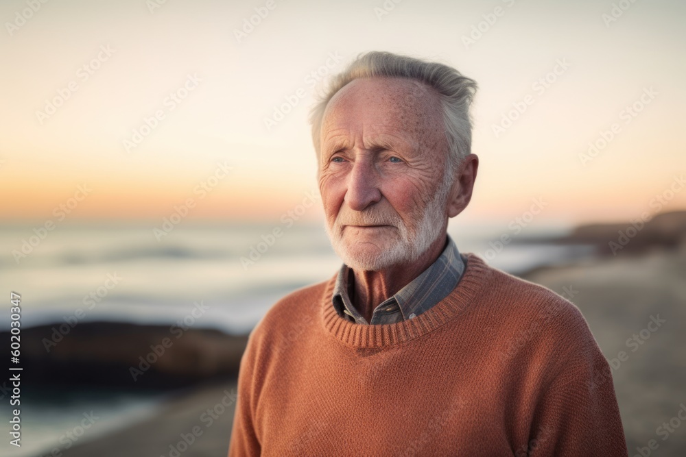 Portrait of senior man on the beach at sunrise, looking at camera Portrait of senior man on the beach at sunrise, looking at camera