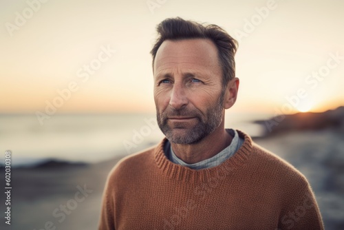 Medium shot portrait photography of a pleased man in his 40s wearing a cozy sweater against a beach sunset background. Generative AI