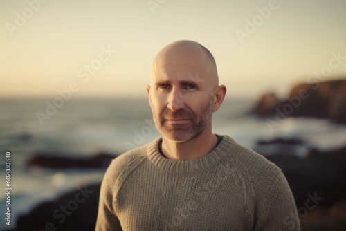Portrait of a handsome bald man on the beach at sunset. © Robert MEYNER