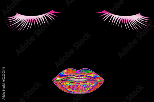 Women's lips and eyelashes. Sensual and seductive female lips with dark red lipstick and long black eyelashes on a black background. Cosmetics and beauty concept	