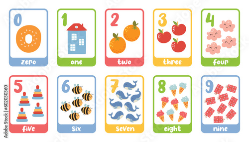 Vintage cartoon numbers cards. Educational children poster for teaching and learn kids to count and calculate vector illustration set