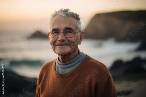 Portrait of senior man with eyeglasses on the beach at sunset