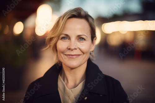 Portrait of smiling middle aged woman in the city at night.