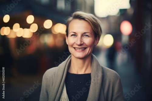 Portrait of smiling middle aged woman standing in the city at night