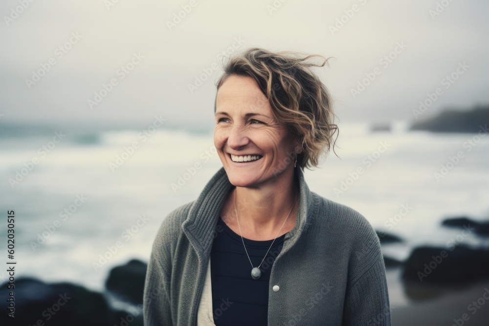 Portrait of smiling mature woman standing on beach with ocean in background Portrait of smiling mature woman standing on beach with ocean in background