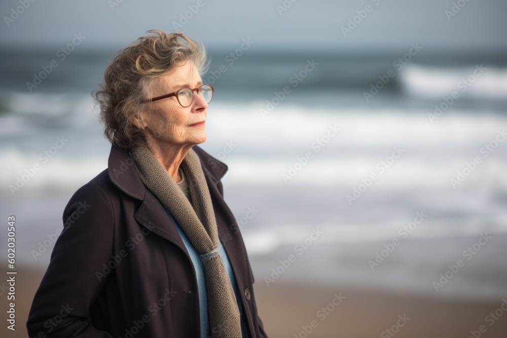 Portrait of senior woman wearing coat and eyeglasses on the beach Portrait of senior woman wearing coat and eyeglasses on the beach