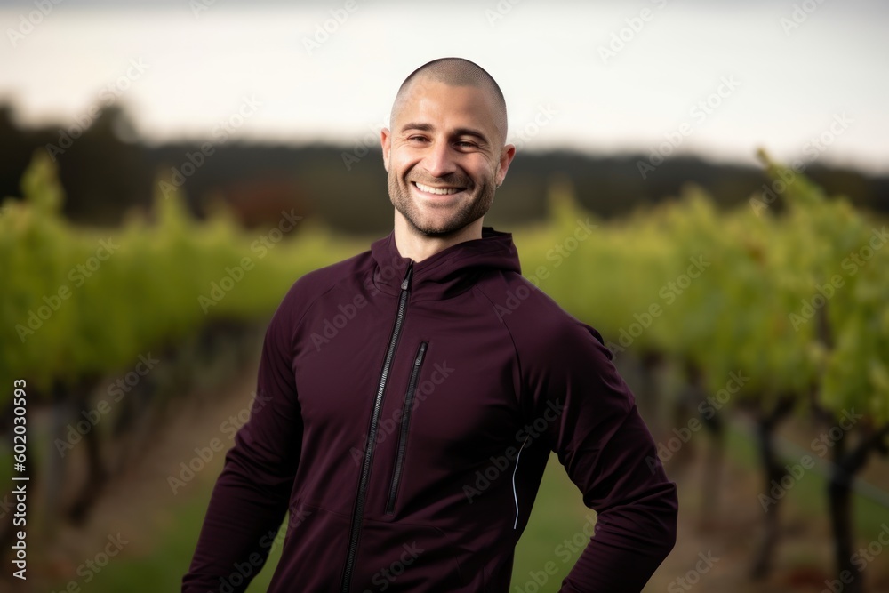 Young man in sportswear smiling and looking at camera in vineyard