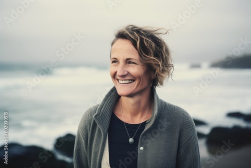 Portrait of smiling mature woman standing on beach with ocean in background © Robert MEYNER