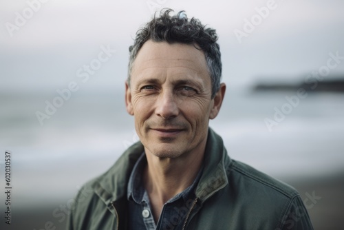 Portrait of handsome middle-aged man looking at camera on the beach