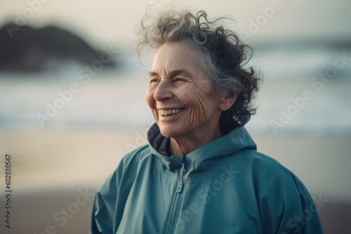 Portrait of happy senior woman smiling at camera on beach at sunset