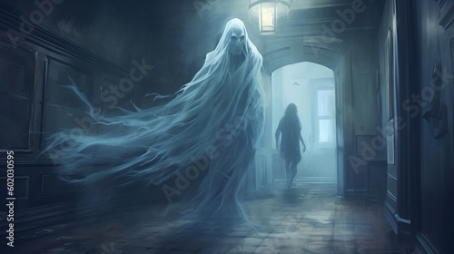 A horror scene of a ghostly figure haunting an abandoned mansion. Fantasy concept , Illustration painting. Generative AI photo