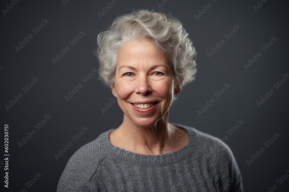 Pet portrait photography of a grinning woman in her 50s wearing a cozy sweater against an office or corporate background. Generative AI Pet portrait photography of a grinning woman in her 50s wearing a cozy sweater against an office or corporate background. Generative AI