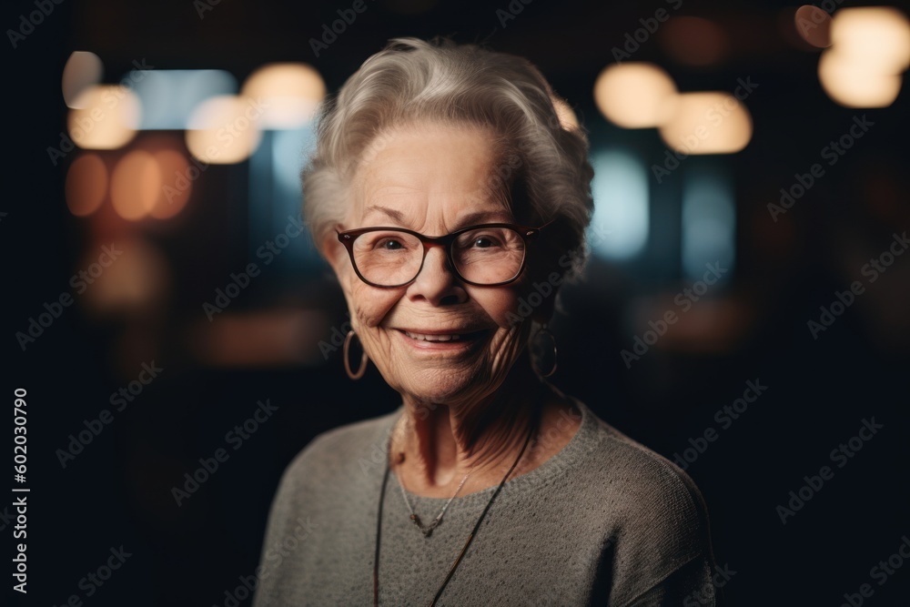 Portrait of a smiling senior woman in eyeglasses looking at camera