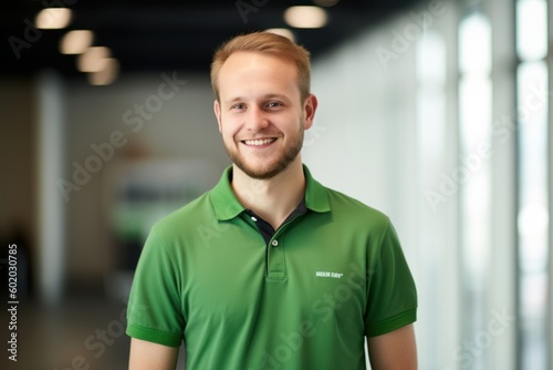Environmental portrait photography of a pleased man in his 20s wearing a sporty polo shirt against an office or corporate background. Generative AI
