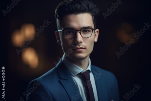 Portrait of a handsome young man in suit and glasses on dark background