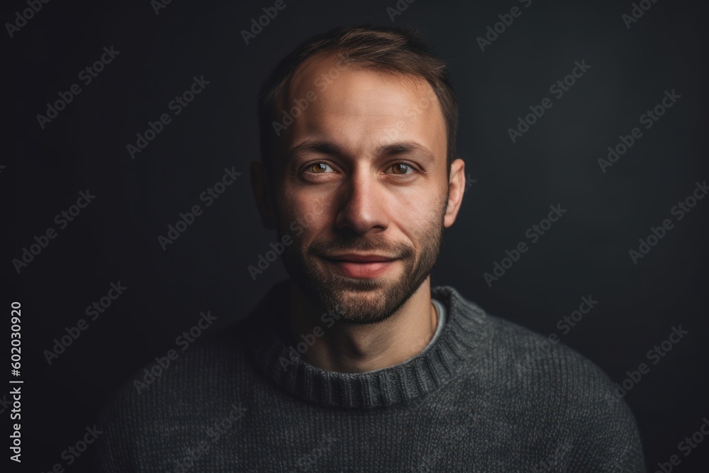 Portrait of a handsome man in a gray sweater on a black background