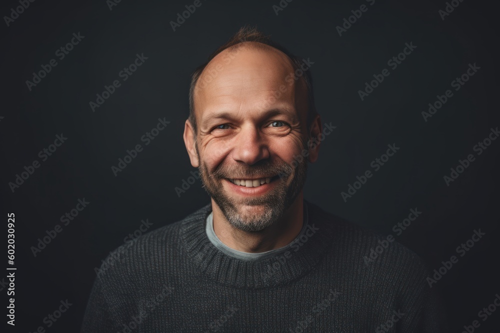 Fototapeta premium Portrait of a smiling middle-aged man on black background.