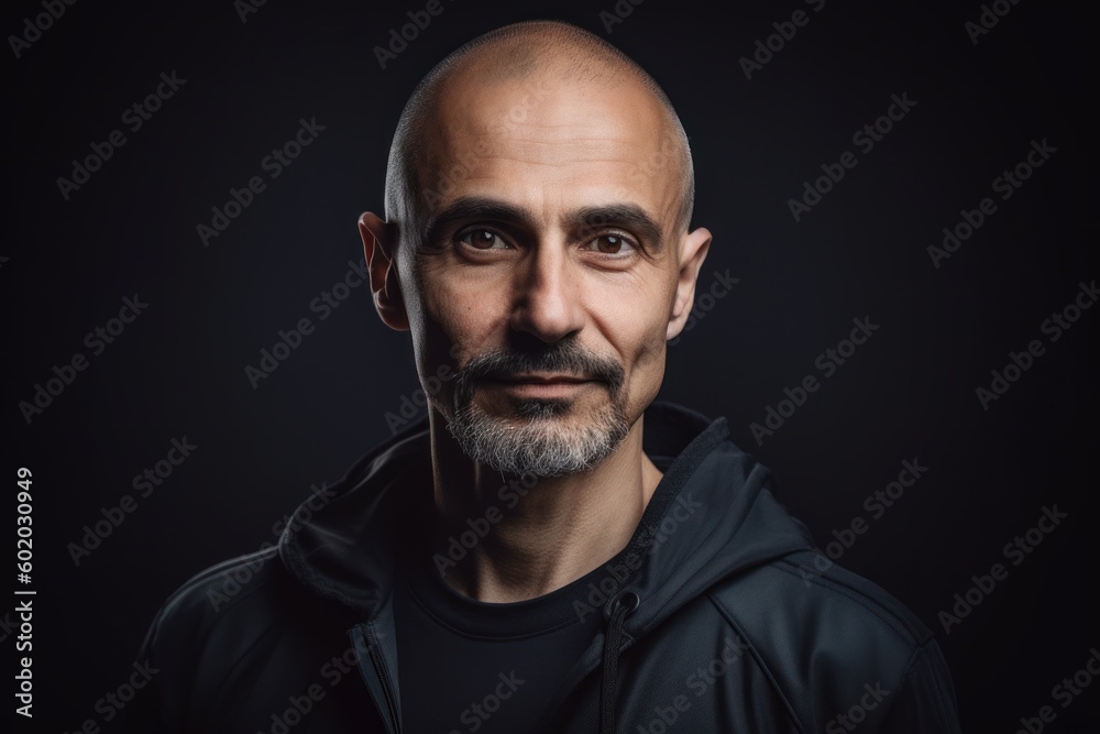Portrait of a bald man with a beard on a black background