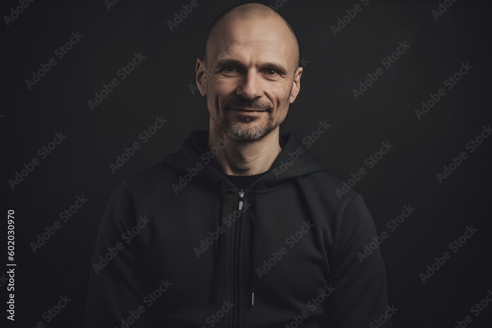 Portrait of a bald man in a black sweatshirt on a dark background Portrait of a bald man in a black sweatshirt on a dark background