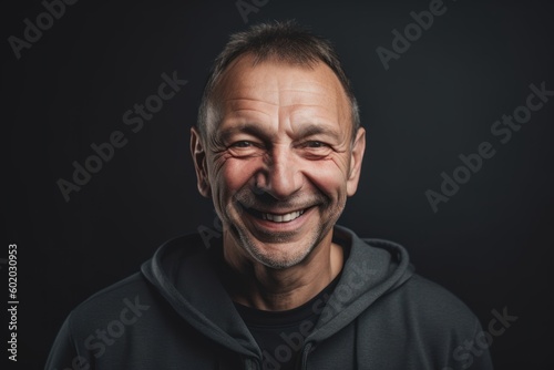 Close up portrait of a smiling middle-aged man on black background