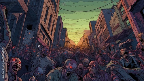 A horror scene of a zombie outbreak in a city. Fantasy concept , Illustration painting. Generative AI