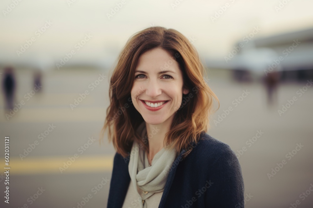 Fototapeta premium Portrait of a smiling young woman on the background of an airplane