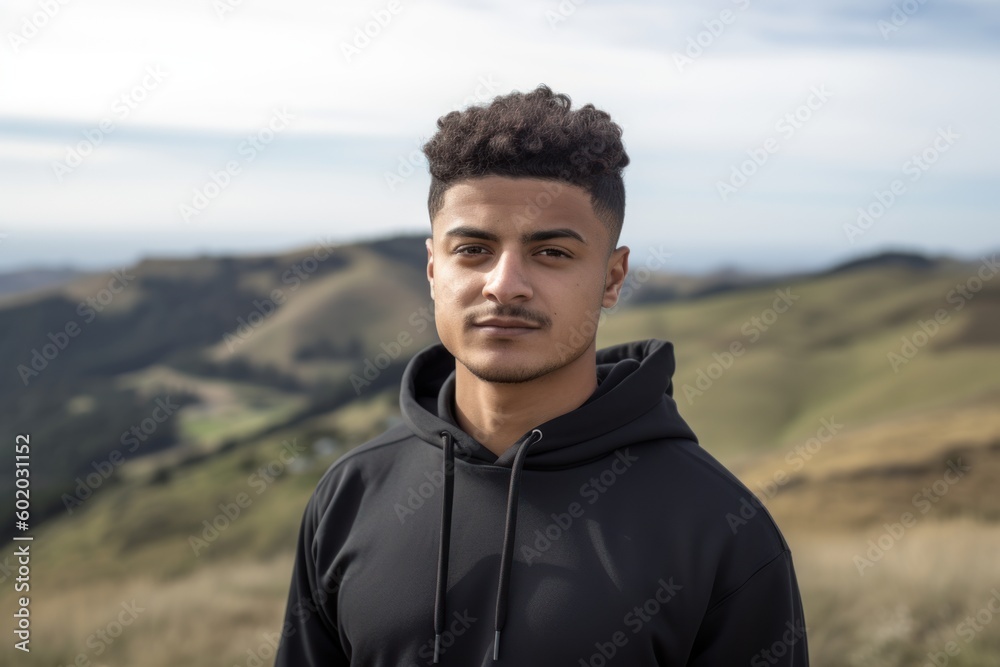 Portrait of a young man with afro hairstyle in a black hoodie on the top of a mountain Portrait of a young man with afro hairstyle in a black hoodie on the top of a mountain