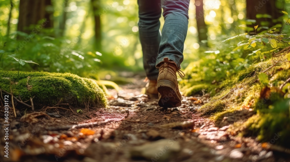 Close-up of a person's feet walking along a forest trail.
