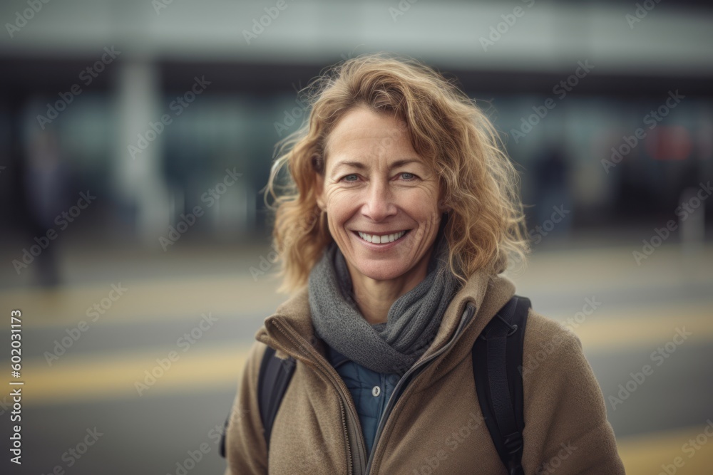 Portrait of smiling senior woman standing at train station with copy space Portrait of smiling senior woman standing at train station with copy space