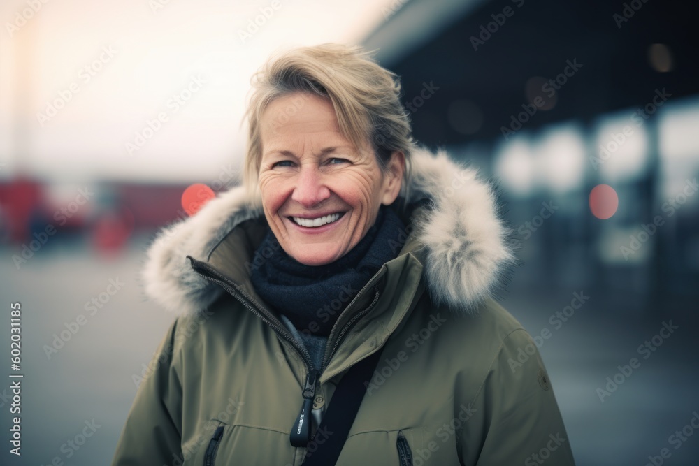 Portrait of happy mature woman in winter jacket looking at camera outdoors Portrait of happy mature woman in winter jacket looking at camera outdoors
