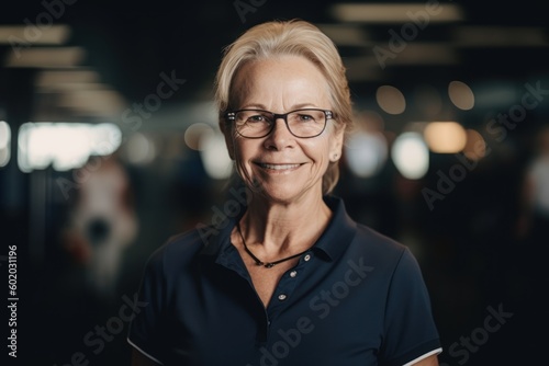 Group portrait photography of a grinning woman in her 50s wearing a sporty polo shirt against an airport or aviation background. Generative AI