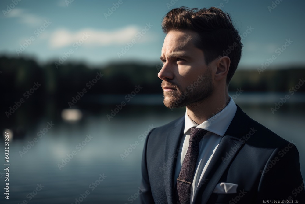 Portrait of a handsome young man outdoors. Businessman looking away. Portrait of a handsome young man outdoors. Businessman looking away.