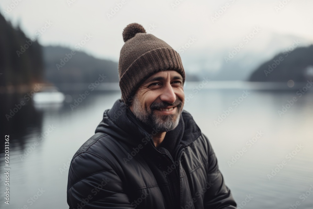 Portrait of a smiling middle-aged man in a hat and jacket on the background of a mountain lake.