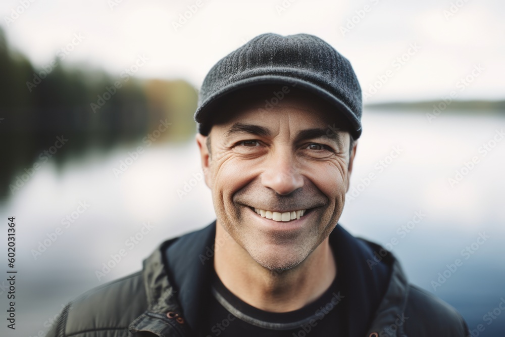 Portrait of a smiling man in a cap on the background of a lake Portrait of a smiling man in a cap on the background of a lake