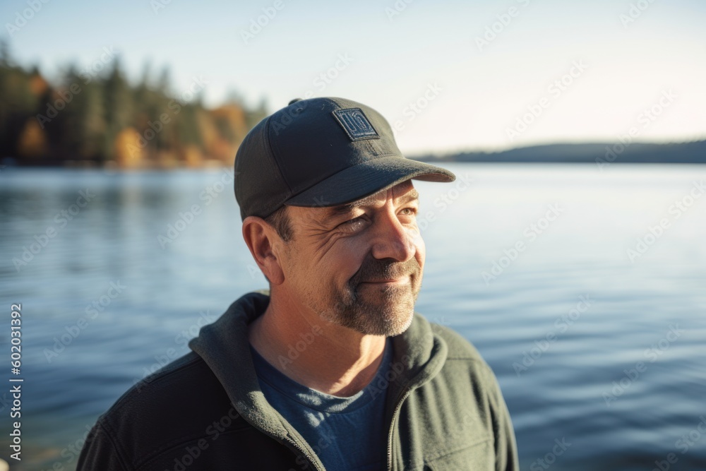 Portrait of a senior man in a cap on a lake.