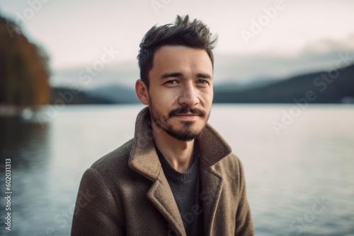 Portrait of a handsome young man in a coat on a background of the lake.